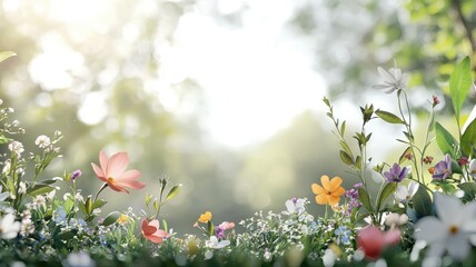 Spring Flower Meadow, Sunlit Nature Scene flower meadow spring flowers summer floral background pink
