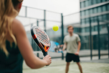 Outdoor padel tennis game with two players in action