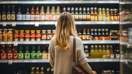 A woman is shopping in a store and looking at the beverage section