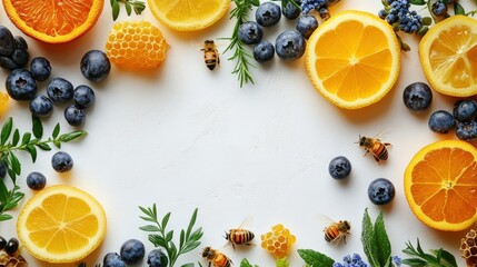 Vibrant arrangement of citrus fruits, honeycomb, and blueberries with bees on a white background