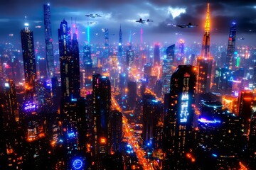 Fototapeta premium A sprawling city glowing with neon lights, filled with towering skyscrapers, flying cars. Generative AI