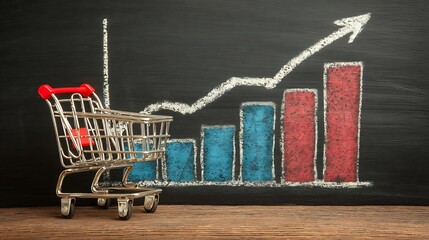 A small, chrome shopping cart is positioned in front of a painted chalkboard. The chalkboard displays a rising graph with a vertical line and upward pointing arrow