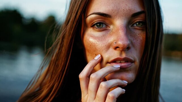 Woman's gaze reveals silent determination, intense eyes reflecting stories. Woman's gaze challenges boundaries, stirring curiosity. Woman's gaze transcends barriers. Concept realistic portrait