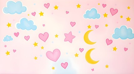 Whimsical Repeat Pattern of Clouds, Moons, Stars, and Hearts on a Soft Pink Background for Children
