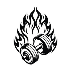 Black Dumbbell Tattoo Style with Flame Isolated on White Background Silhouette Design