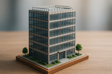 This image features a detailed miniature model of a modern office building with glass panels and greenery around it, symbolizing contemporary architecture and urban design.