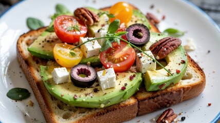 Toasted bread with avocado, feta, olives and basil on patterned white plate