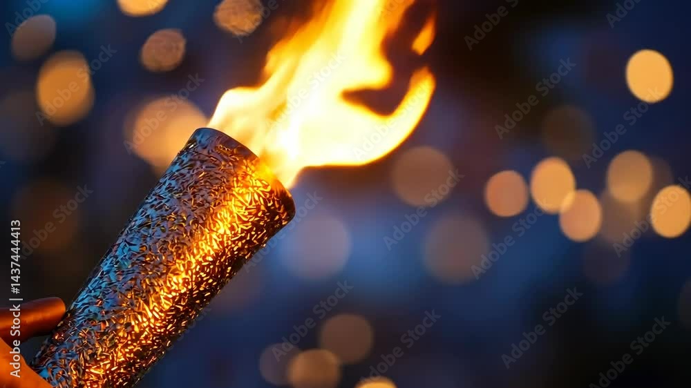 Poster handheld sparkler torch ignites and burns brightly against festive bokeh background