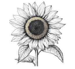 Fototapeta premium Hand-drawn vector illustration of a sunflower, a simple line art drawing with an ink pen in dark blue on a white background