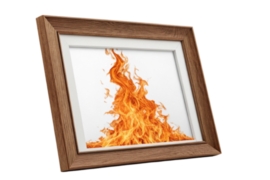 A wooden frame with a fiery orange border, isolated and empty, suggests a blank canvas for artistic decoration