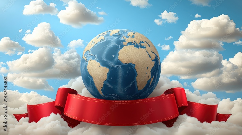 Poster a stylized globe resting on clouds with a red ribbon beneath, symbolizing global unity and hope