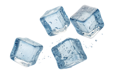 Clear and cold, several transparent ice cubes are isolated against a stark white backdrop, suggesting a refreshing drink