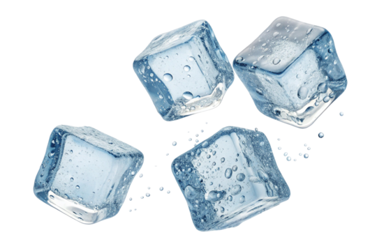 Clear and cold, several transparent ice cubes are isolated against a stark white backdrop, suggesting a refreshing drink