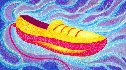 Obraz premium A yellow shoe floats in a vibrant, wavy background, suggesting movement and imagination