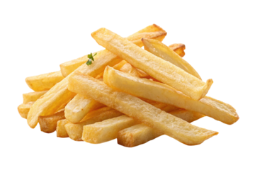 Crispy yellow french fries, a tasty and unhealthy fast food snack, isolated on white