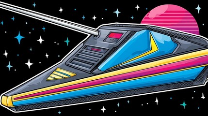 A futuristic spaceship with a retro design, soaring through space against a backdrop of stars and a glowing planet