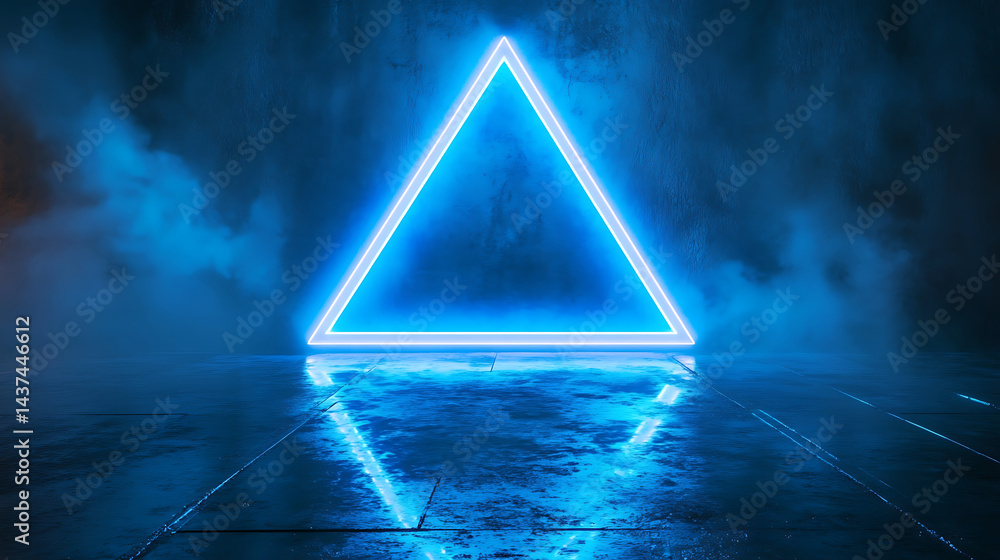 Poster neon triangle glowing on wet concrete floor with mist abstract dark background and futuristic concep