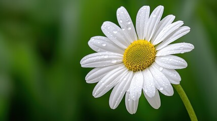 Obraz premium Daisy with Water Droplets in a Green Field daisy flower white petals water droplets dew close-up day