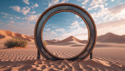 Large circular mirror reflecting desert landscape at sunset