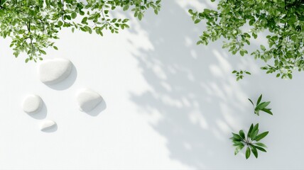 Obraz premium Minimalist White Background with Stones and Greenery for Spa and Wellness white background stones