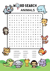 Word search puzzle. Word find game. Animals word search. Educational game for kids.