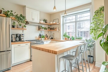 Fototapeta premium Bright kitchen island, plants, city view
