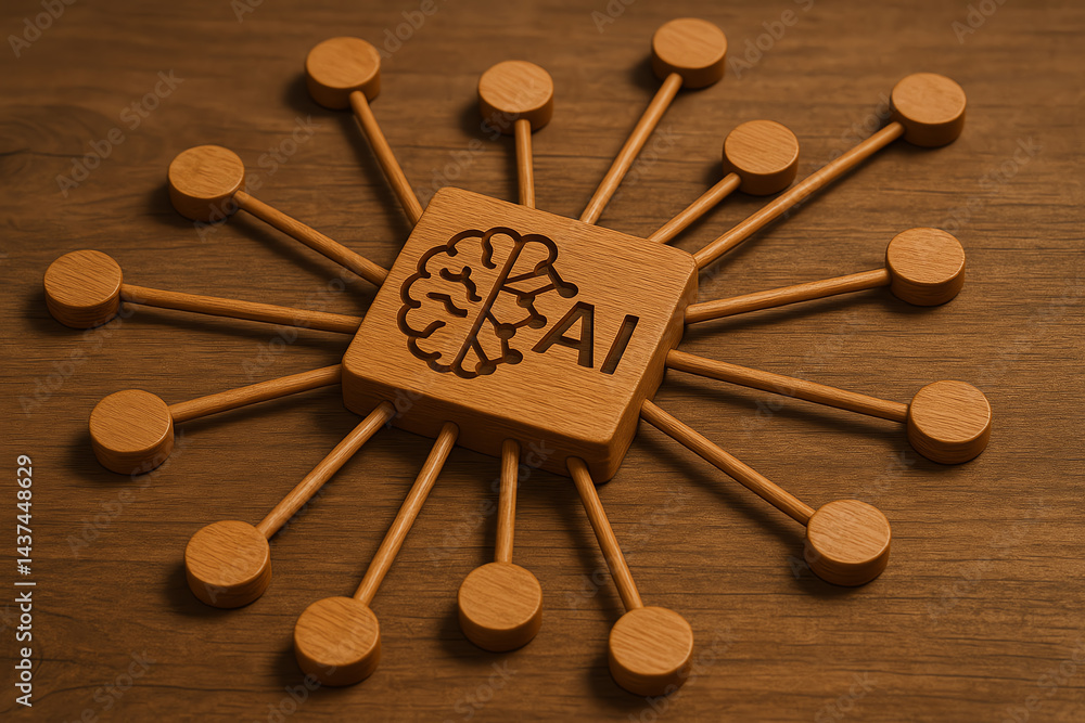 Poster a creative representation of artificial intelligence, featuring a wooden brain symbol connected to m