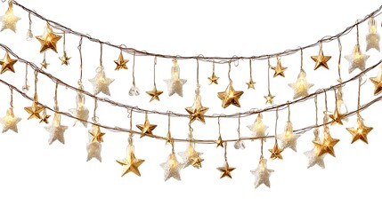 String of star-shaped fairy lights, some lit, some unlit, on a white background