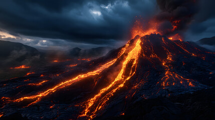 A massive volcanic eruption with fiery lava spewing out and molten lava flowing down steep rocky slopes, creating intense heat and fiery hues.