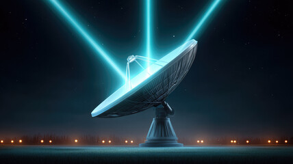 Satellite dish glowing with data beams under starry night sky