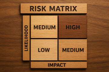 A wooden risk matrix illustrating likelihood and impact levels, essential for project management and strategic planning in businesses. Clear, concise, and visually engaging.