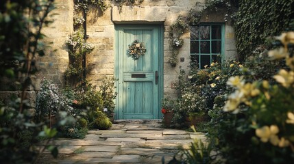 Obraz premium Charming Blue Door Surrounded by Lush Greenery and Bright Flowers in a Cozy Garden Setting