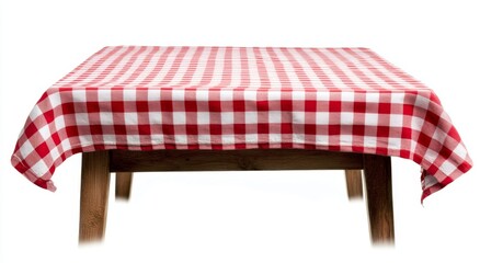 Red and white checkered tablecloth on wooden table