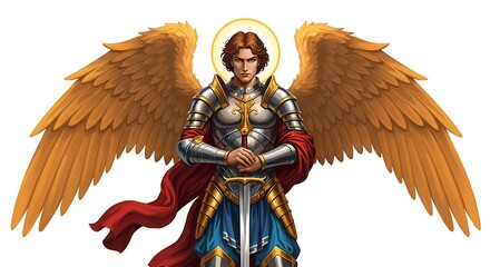 Obraz premium Winged Warrior Holding Sword Cartoon Illustration