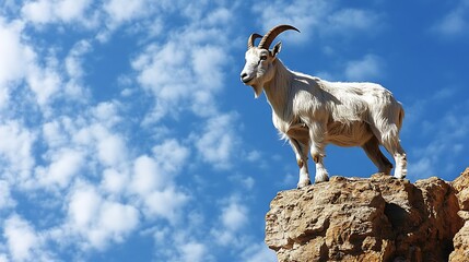Fototapeta premium White goat on mountain top under a blue sky. Possible use Nature Stock Photo