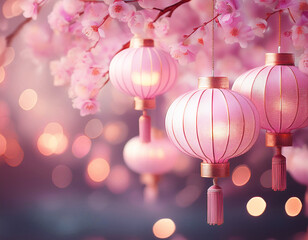 Pink lantern with sakura flowers shining light 