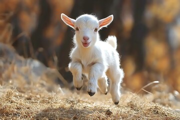 Obraz premium Adorable baby goat leaping outdoors in sunlit meadow. Possible use Children's book, farm-themed decor, animal lover's products