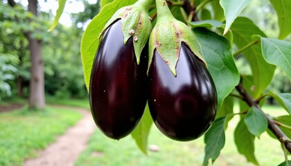 Fresh eggplants hanging from a plant in a lush garden setting  