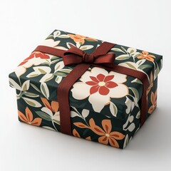 Beautifully wrapped gift box featuring floral patterns and a ribbon.