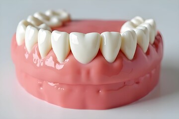 Obraz premium Dental model showcasing a set of teeth. The model features realistic, glossy gums and perfectly aligned, white teeth. Oral health, dental hygiene, and cosmetic dentistry concept