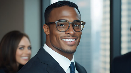 Fototapeta premium Smiling Businessman in Formal Attire During a Corporate Event in a Modern Office Setting