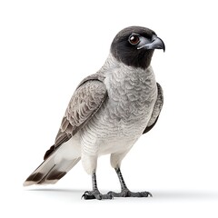 Fototapeta premium A small, gray hawk with a white tail and black head perched on a white background