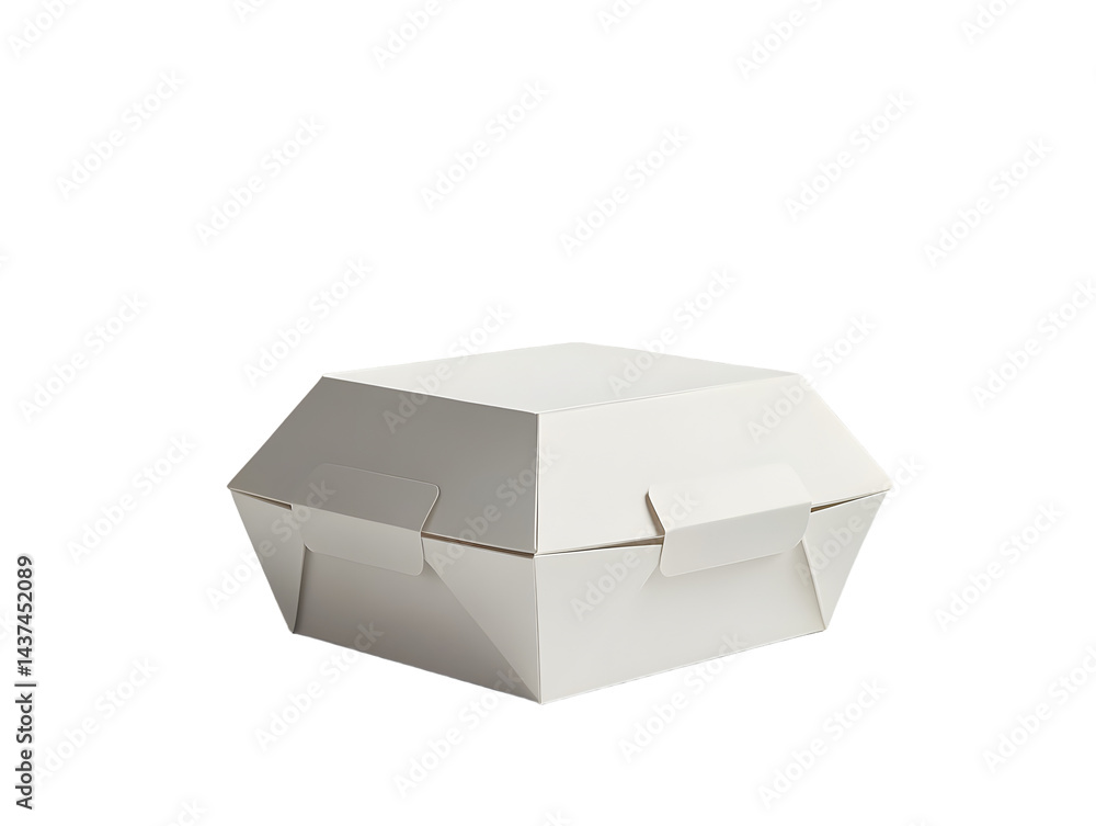 Poster minimalist presentation of a white blank burger box with realistic folding on a neutral surface, sui