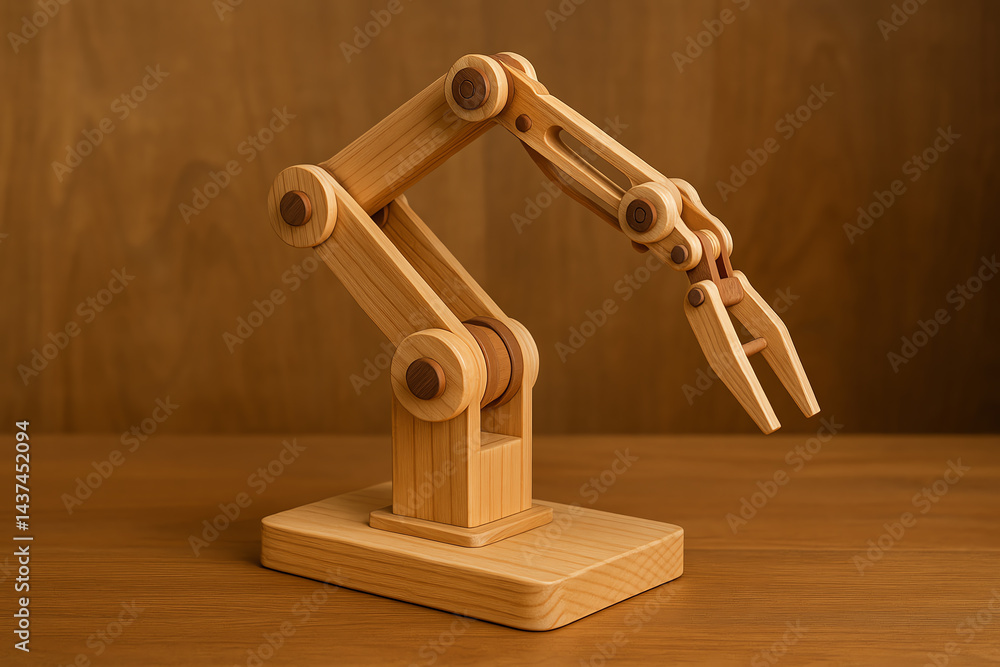 Poster a wooden robotic arm model showcasing intricate design and functionality, perfect for illustrating i