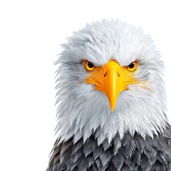 Fototapeta premium A close-up portrait of a bald eagle with a sharp, intense gaze. Its white head and yellow beak stand out against a white background