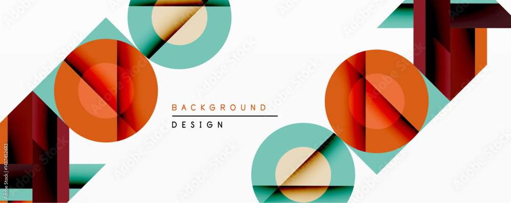 Aufkleber Abstract geometric composition. Overlapping circles, squares create dynamic visual effect. Warm, cool colors blend, forming modern background design. Minimalist style.