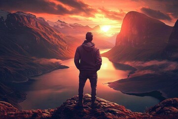 Obraz premium A serene moment as a man reflects by a lake during sunset from a lofty vantage point.