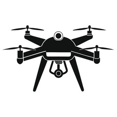 Black Drone Silhouette Isolated on White Background, Modern UAV with Camera System