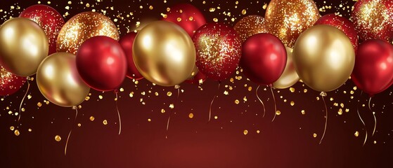 Joyous occasion filled with glimmering confetti and elegant gold-themed balloons.