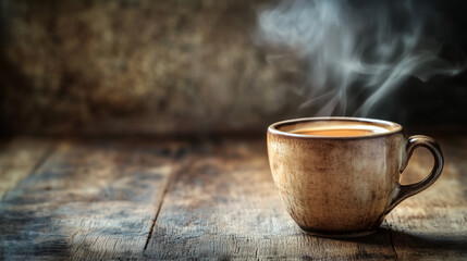 steaming cup of coffee on wooden table. Free space for text